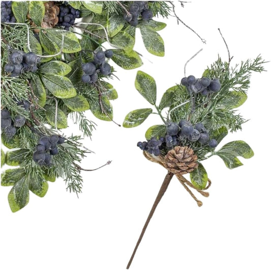 14" Artificial Blueberry, Greenery & Pinecone Floral Stem
