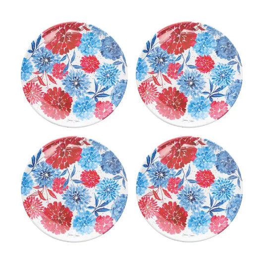 Patriotic Red White & Bloom 4th of July Plate Set 4